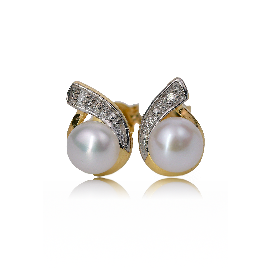 Diamond Pearl Stud Earrings Yellow Gold Plated Sterling Silver