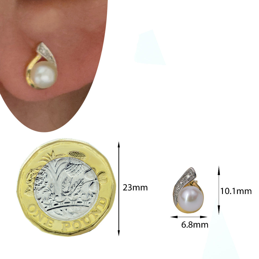 Diamond Pearl Stud Earrings Yellow Gold Plated Sterling Silver
