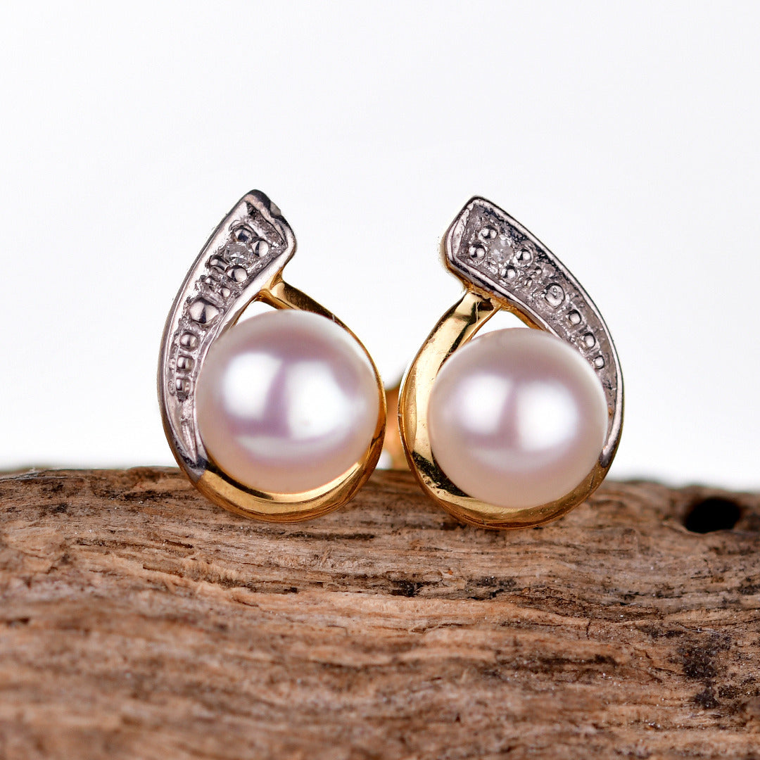 Diamond Pearl Stud Earrings Yellow Gold Plated Sterling Silver