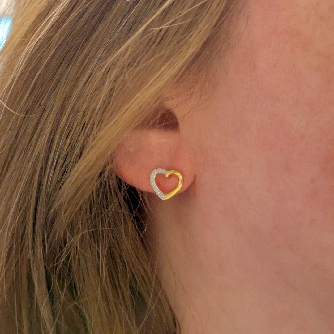 Diamond Heart Stud Earrings Gold Plated Sterling Silver