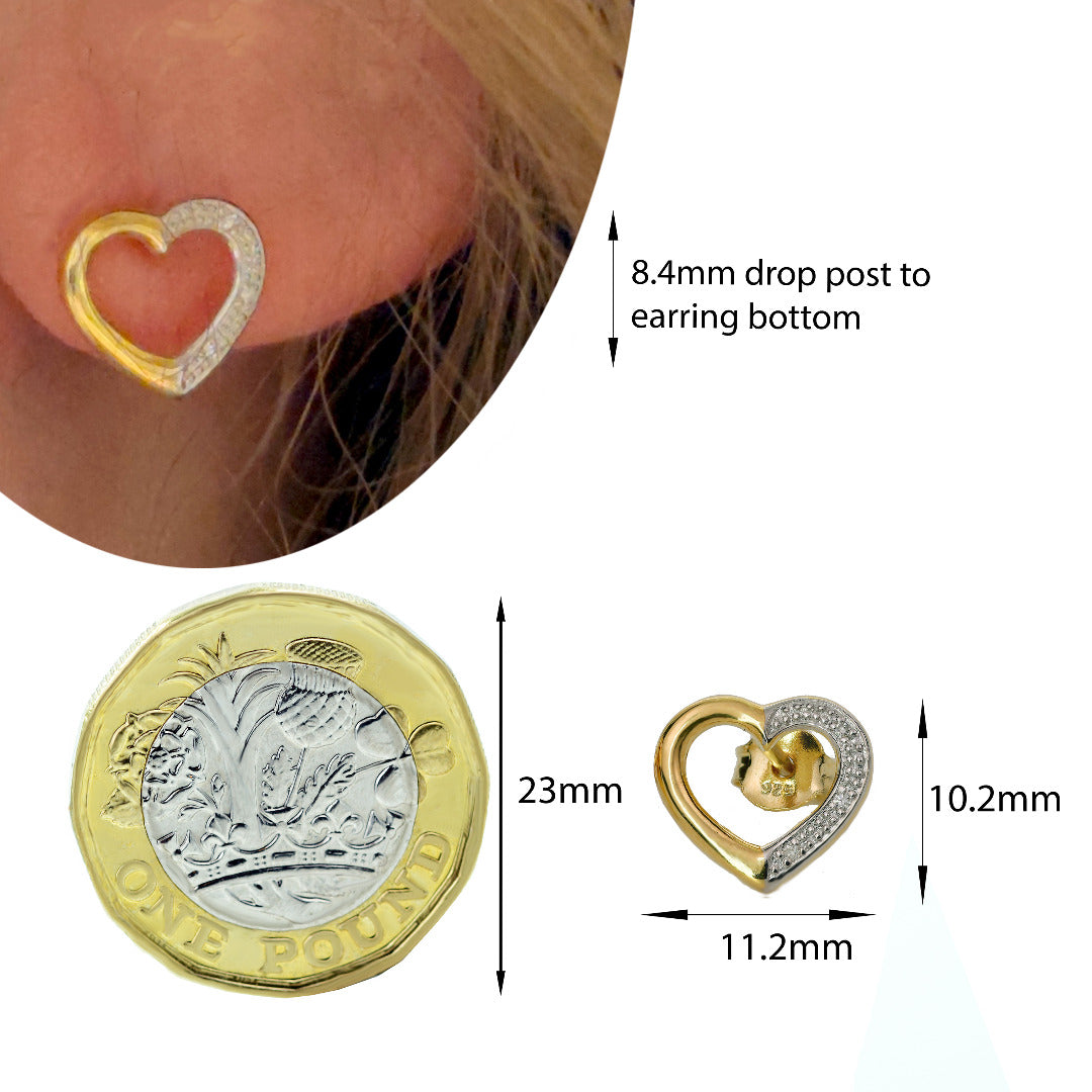 Diamond Heart Stud Earrings Gold Plated Sterling Silver
