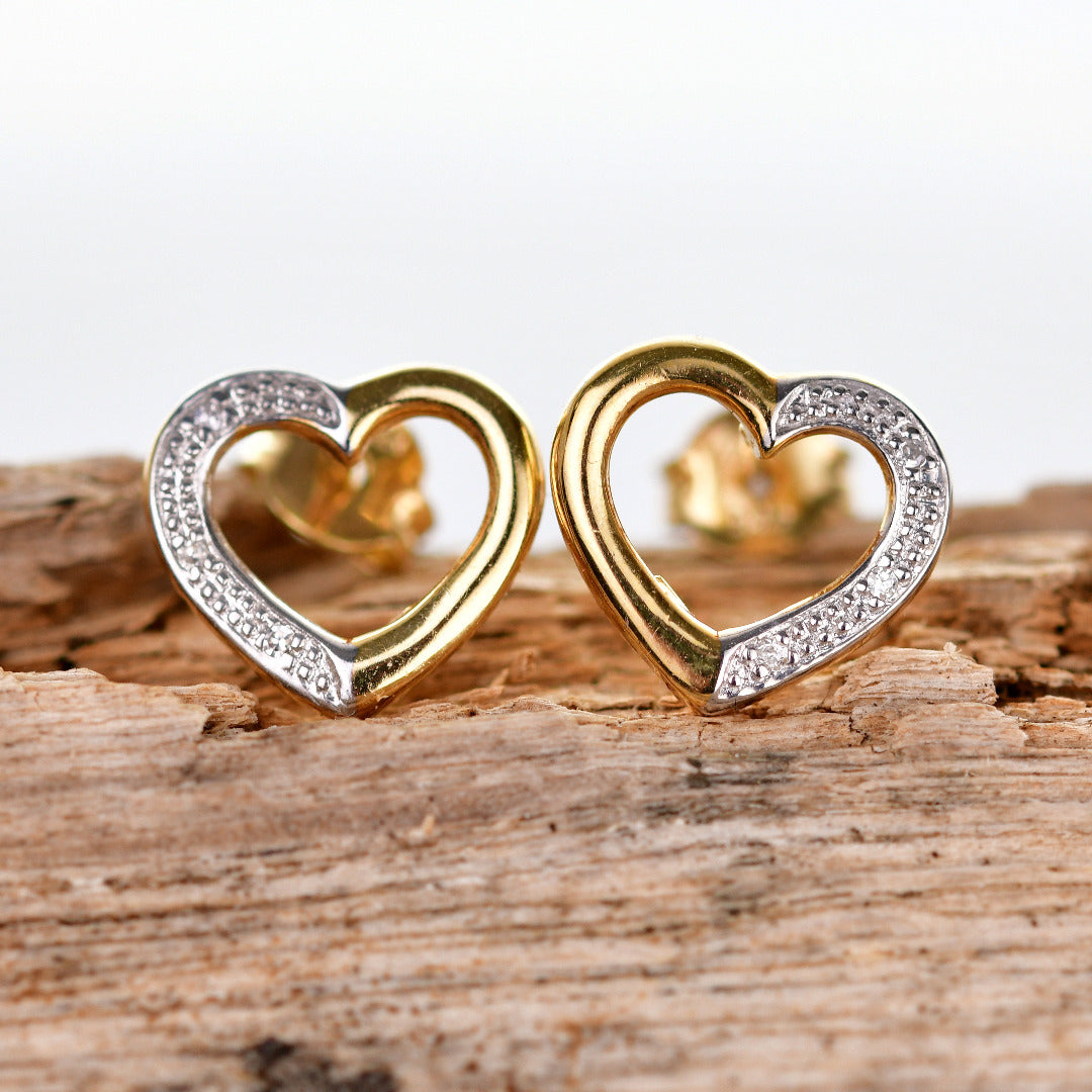 diamond heart stud earrings gold plated sterling silver designed in the UK