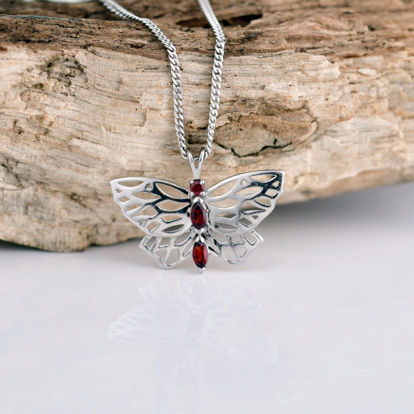 Garnet Butterfly Necklace Sterling Silver
