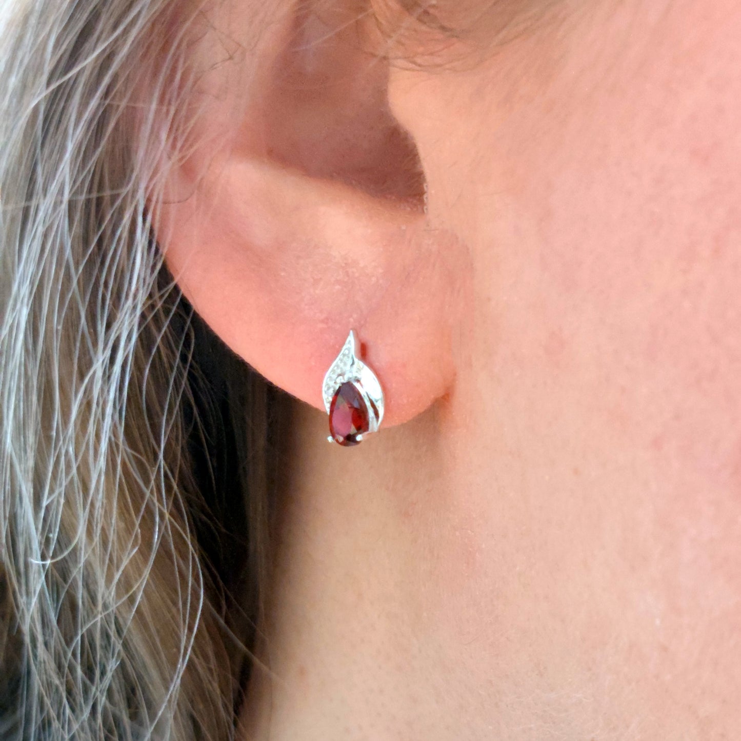 Silver Diamond Earrings Stud Garnet Pear