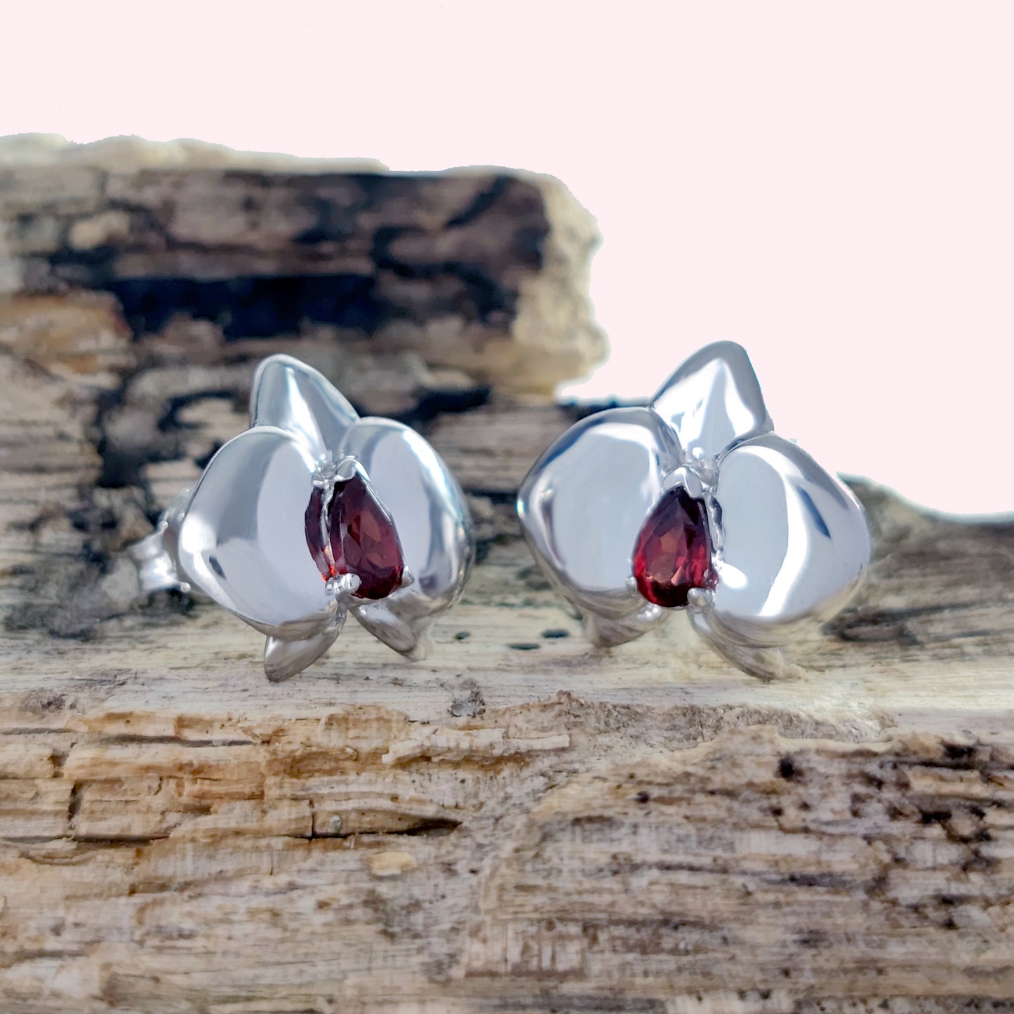 Garnet Aphrodite Orchid Stud Earrings Sterling Silver
