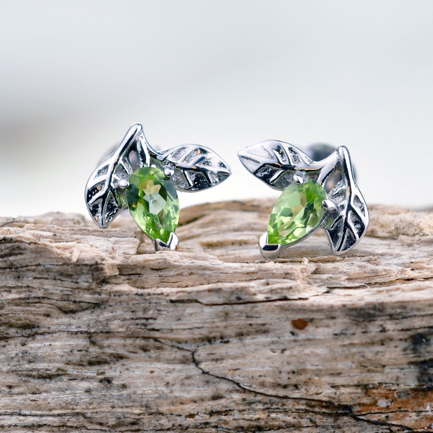 Peridot Earrings 0.5ct Pear Green Leaf Studs Silver August Birthstone