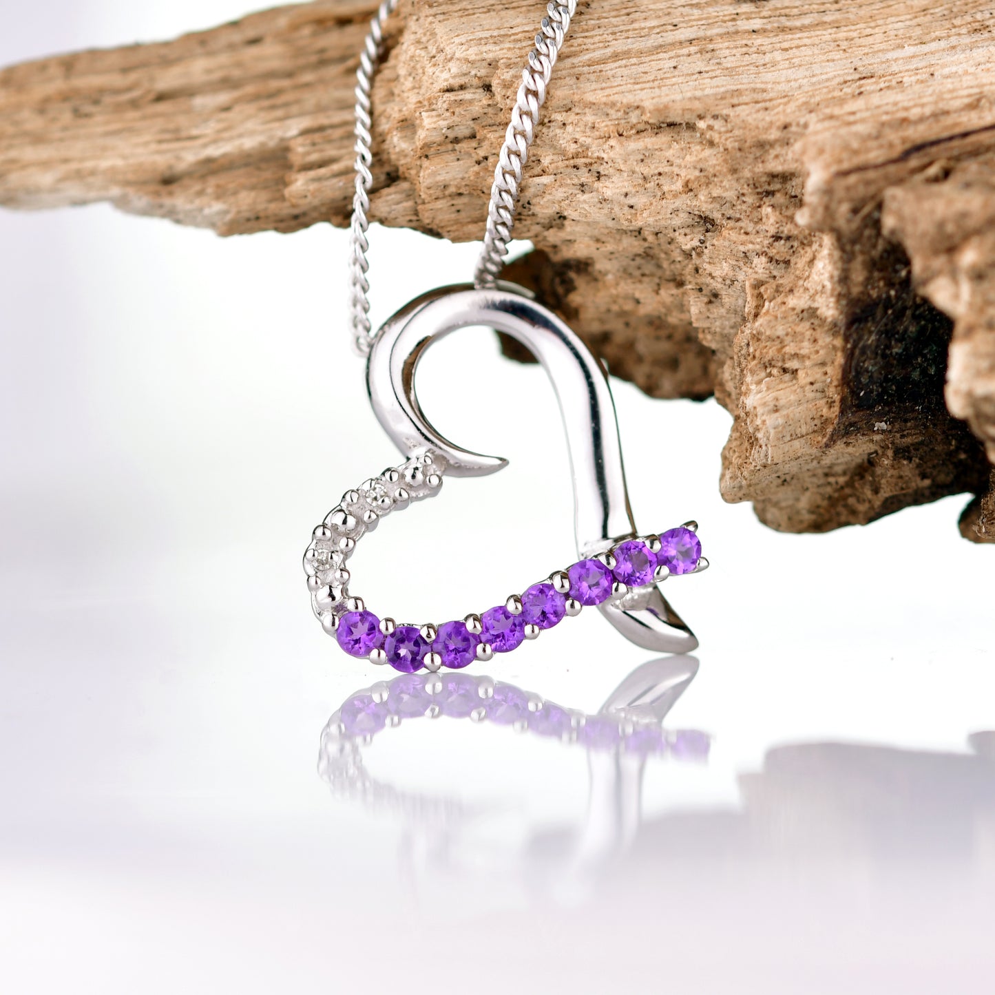 Amethyst and Diamond Heart Pendant Sterling Silver
