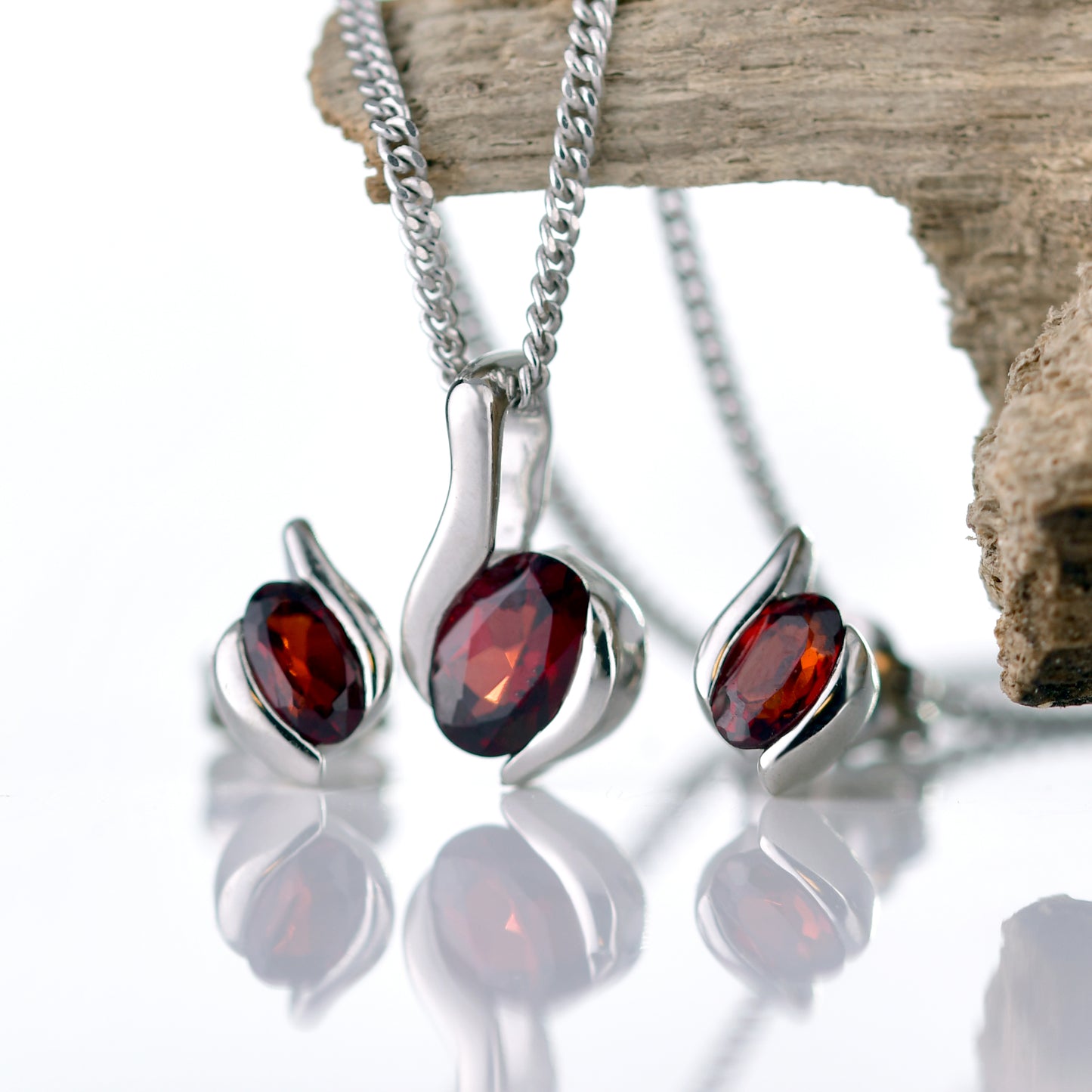 Garnet Necklace Earring Stud Set 1ct Sterling Silver Red 18'' January Birthstone
