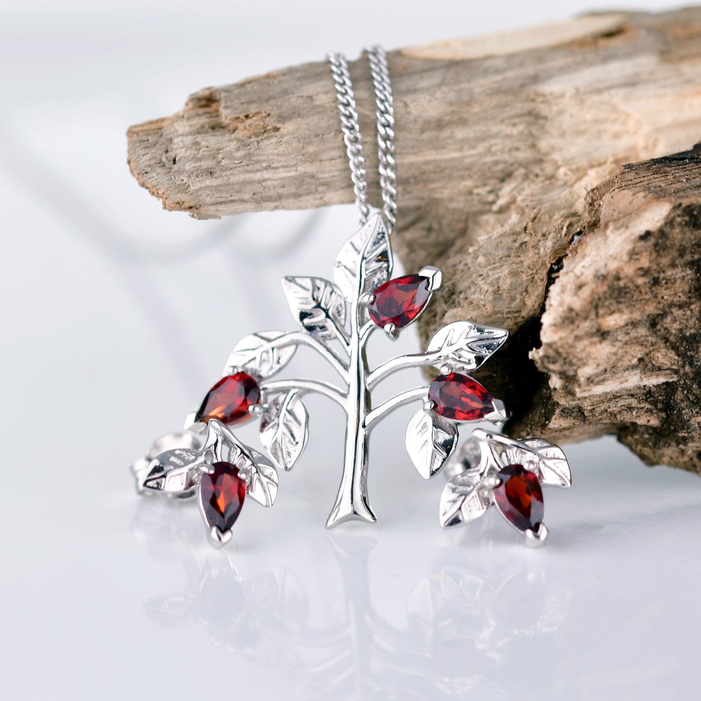 Garnet Necklace Earring Set 1.25ct Pear Red Tree of Life Leaves Sterling Silver