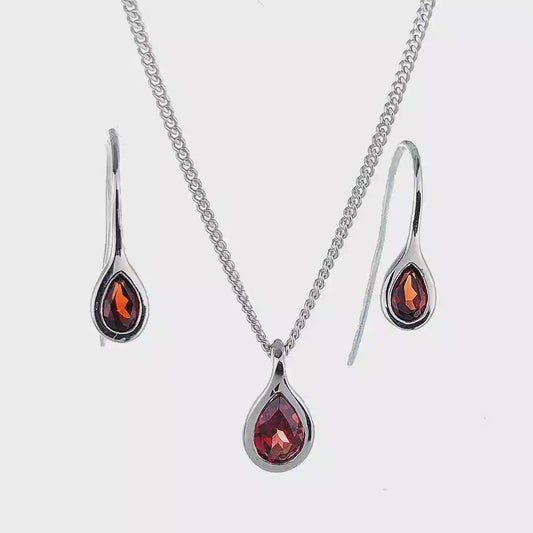 Garnet Necklace Earring Set 0.9ct PearRed Pendant Sterling Silver January Birthstone