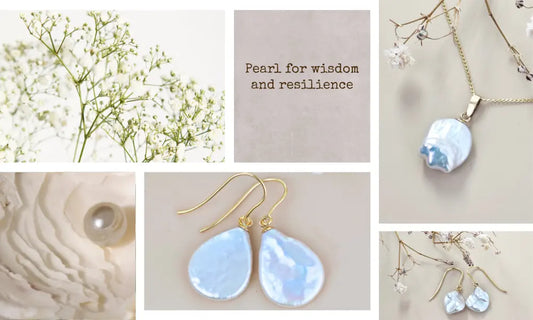 A selection of Keshi and Baroque pearl jewellery shown on a plain background with natural accents of babys breath, sand and the words pearl for wisdom and resilience