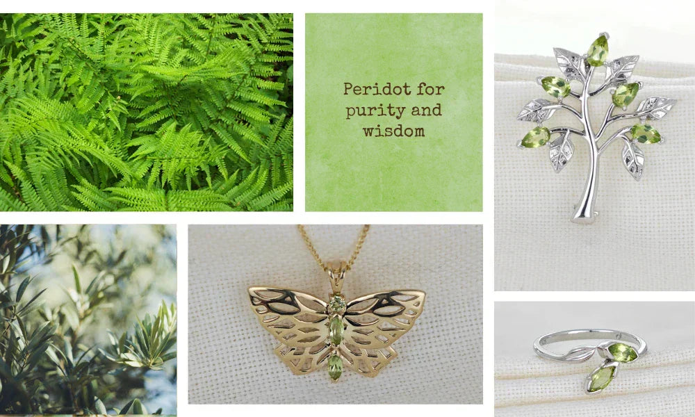 Peridot gold necklace, peridot adjustable ring, peridot brooch, green foliage and the statement peridot for purity and wisdom