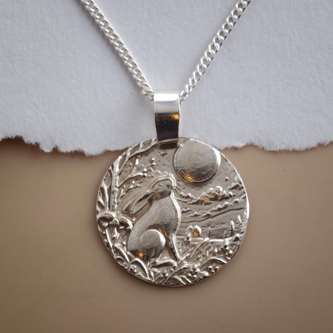 Moongazing hare engraved coin pendant necklace in recycled sterling silver, Ojewellery Christmas jewellery