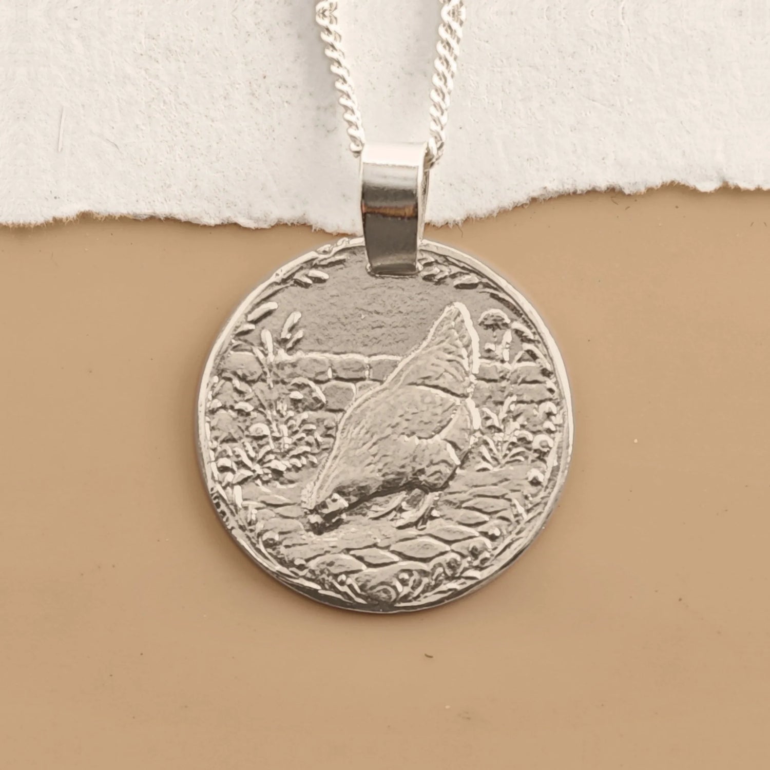 Chicken sterling silver engraved coin pendant