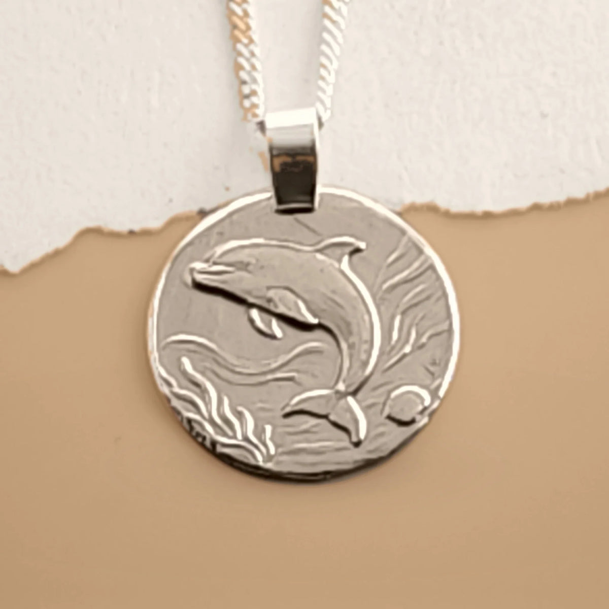 Dolphin sterling silver engraved coin pendant