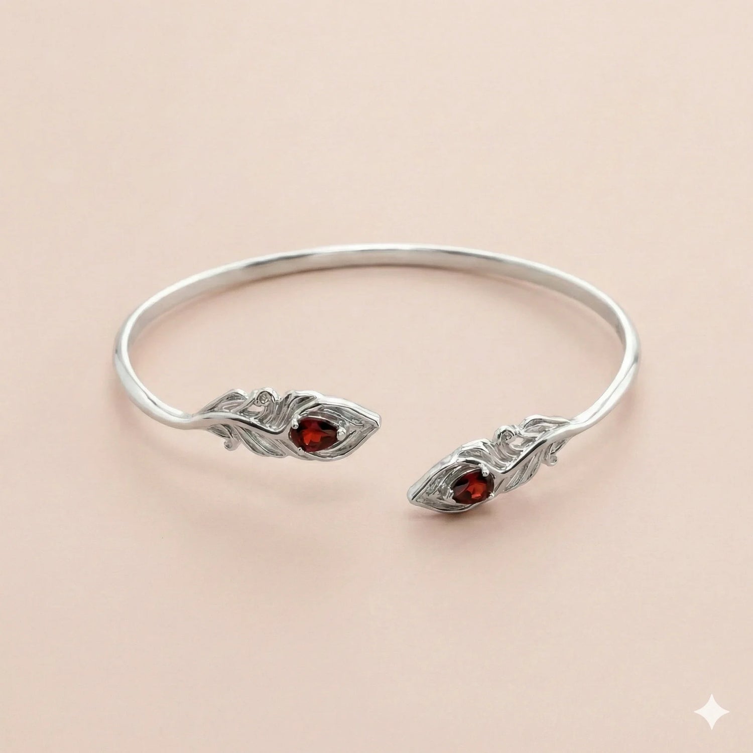 Garnet Set Sterling Silver Peacock Feather Bangle