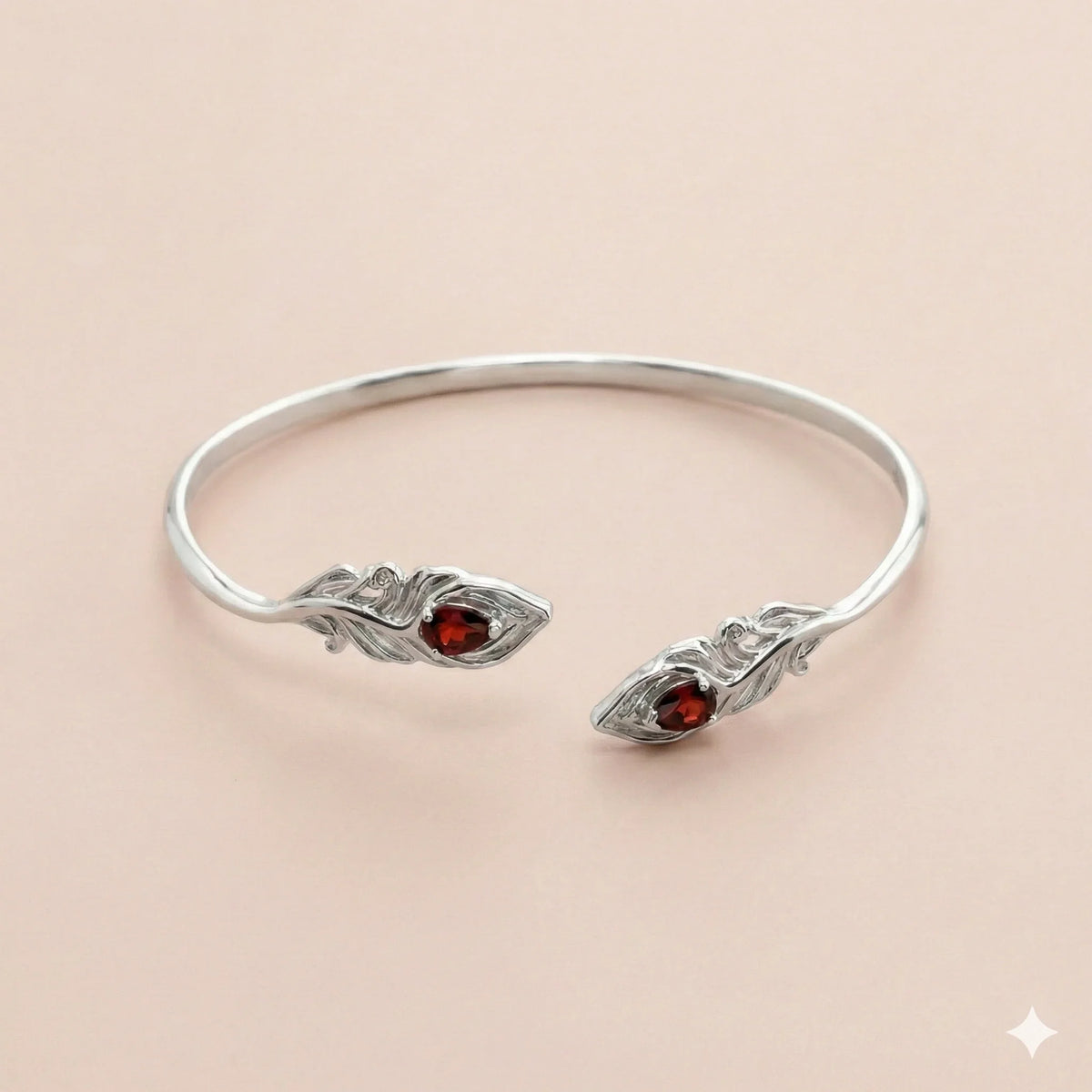 Garnet Set Sterling Silver Peacock Feather Bangle