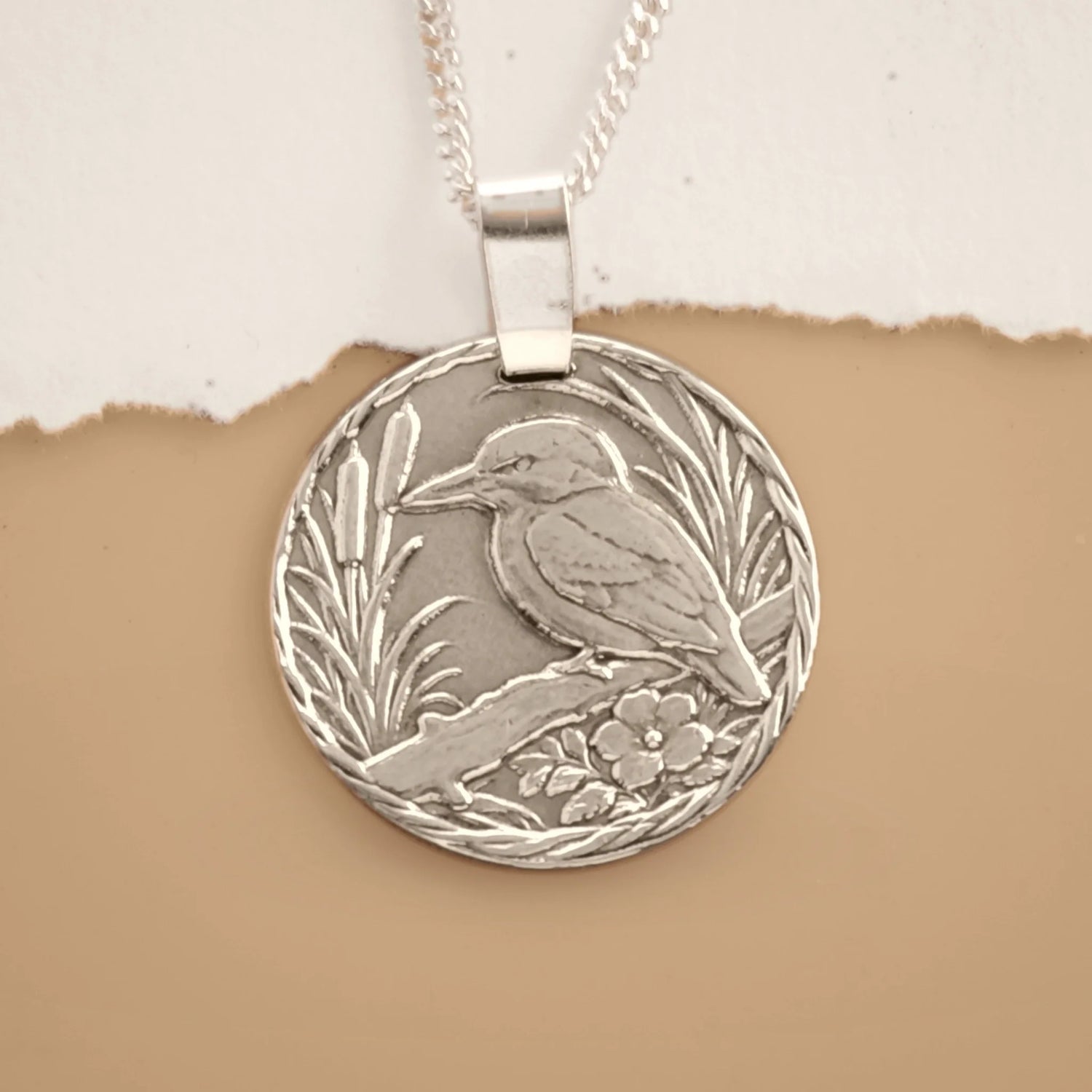 Kingfisher sterling silver engraved coin pendant