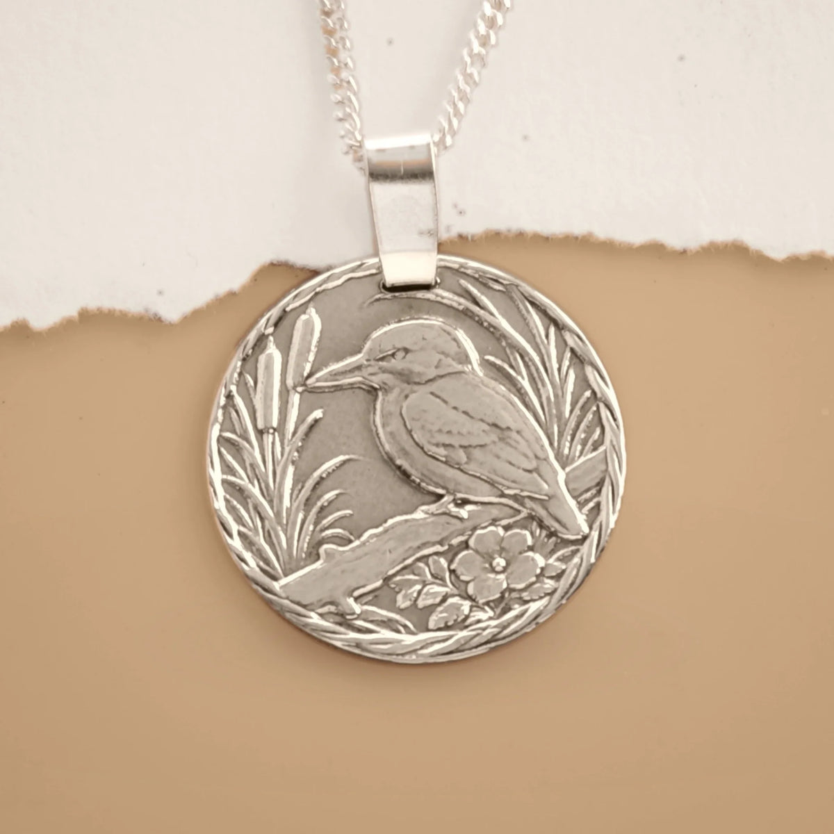 Kingfisher sterling silver engraved coin pendant