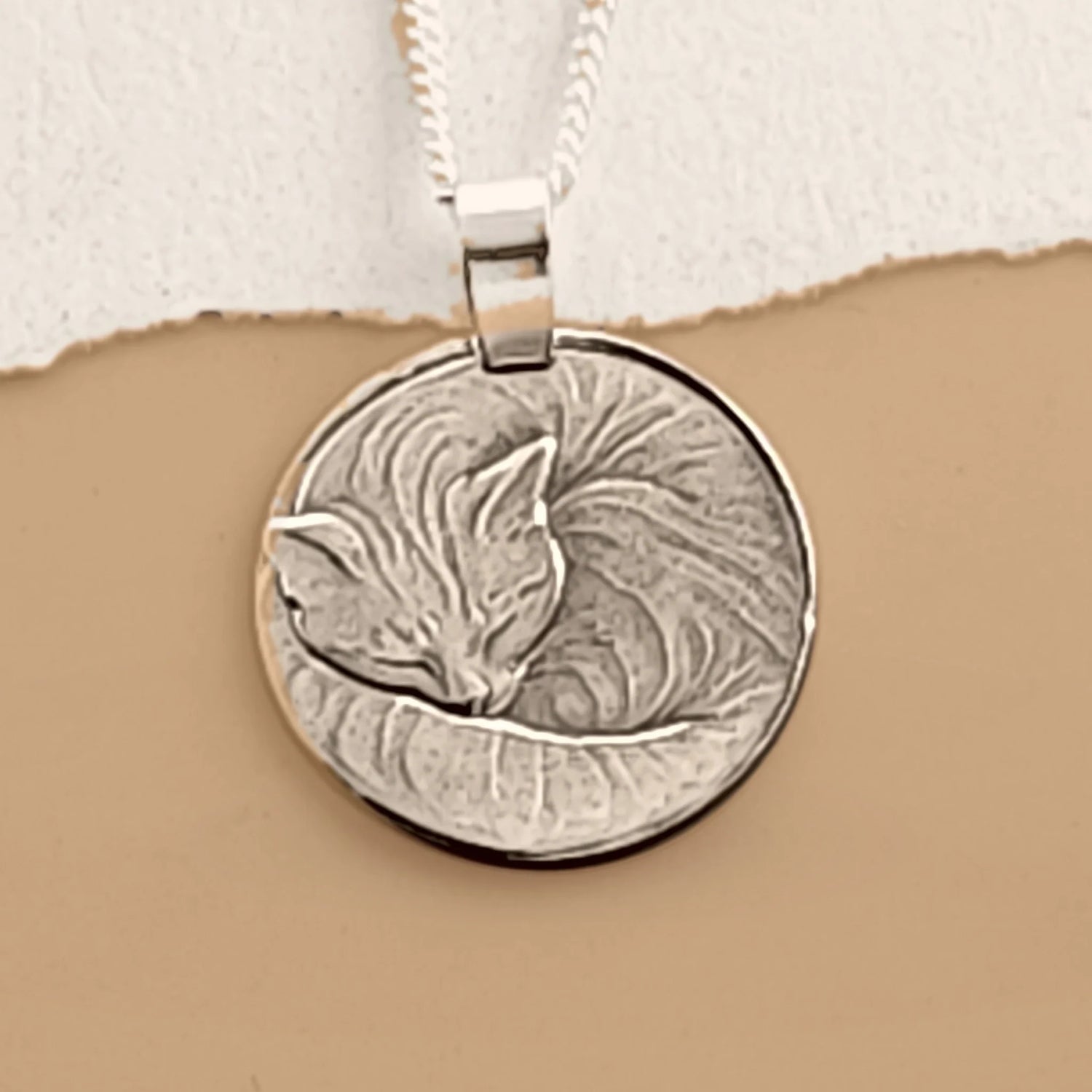Taby cat sterling silver engraved coin pendant