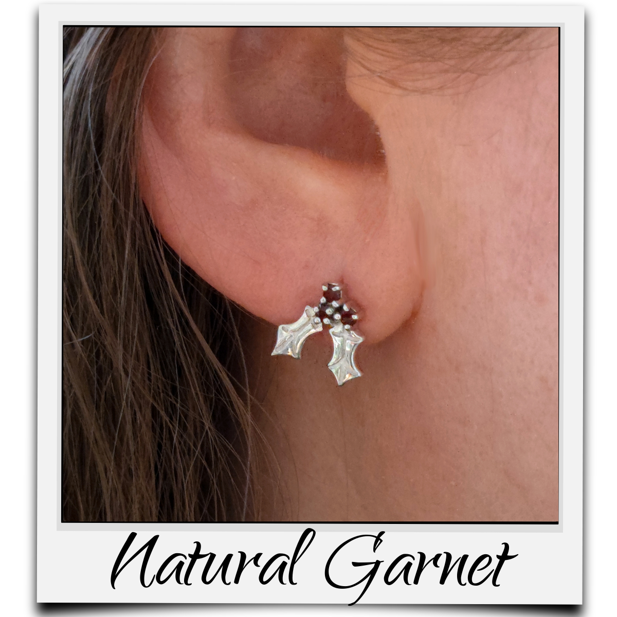 Garnet berrys sterling silver holly leaves stud earrings on ear