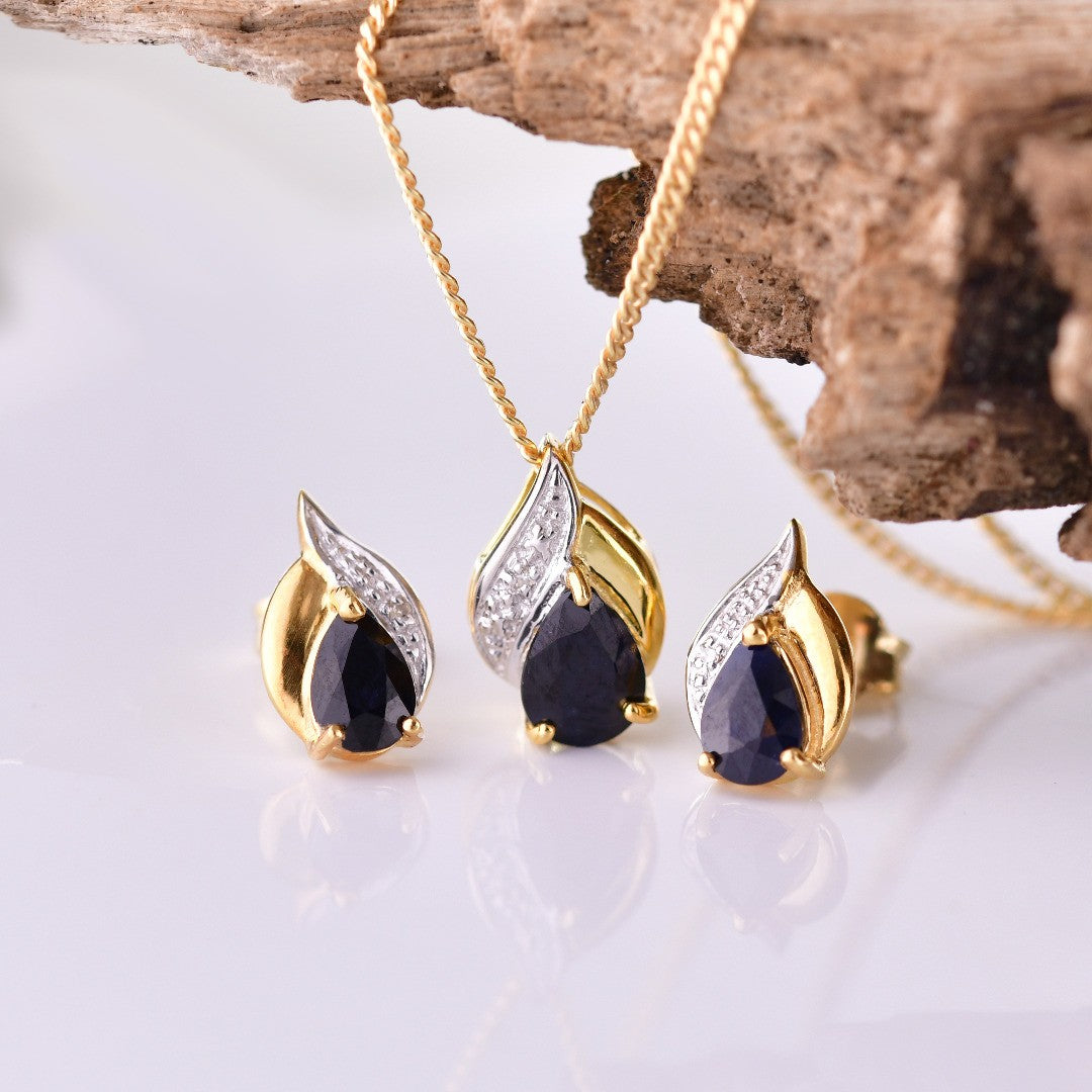 Sapphire Diamond Necklace Earrings Silver Set Gold Plate Inky Blue Sapphire