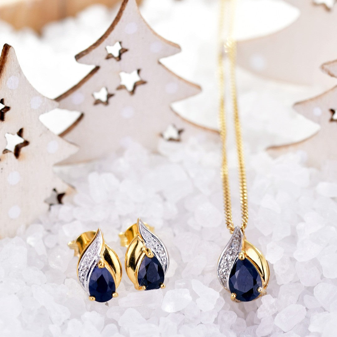 Sapphire Diamond Necklace Earrings Silver Set Gold Plate Inky Blue Sapphire