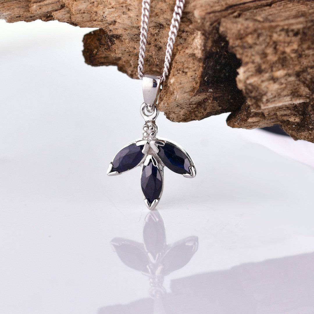 Sapphire Diamond Necklace Blue 1 ct Marquise 18'' Chain Rhodium Plated Silver 925