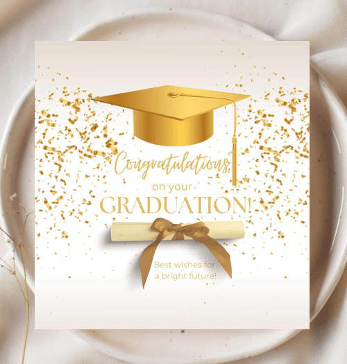 Graduation card with gold cap, diploma, and confetti on a white background