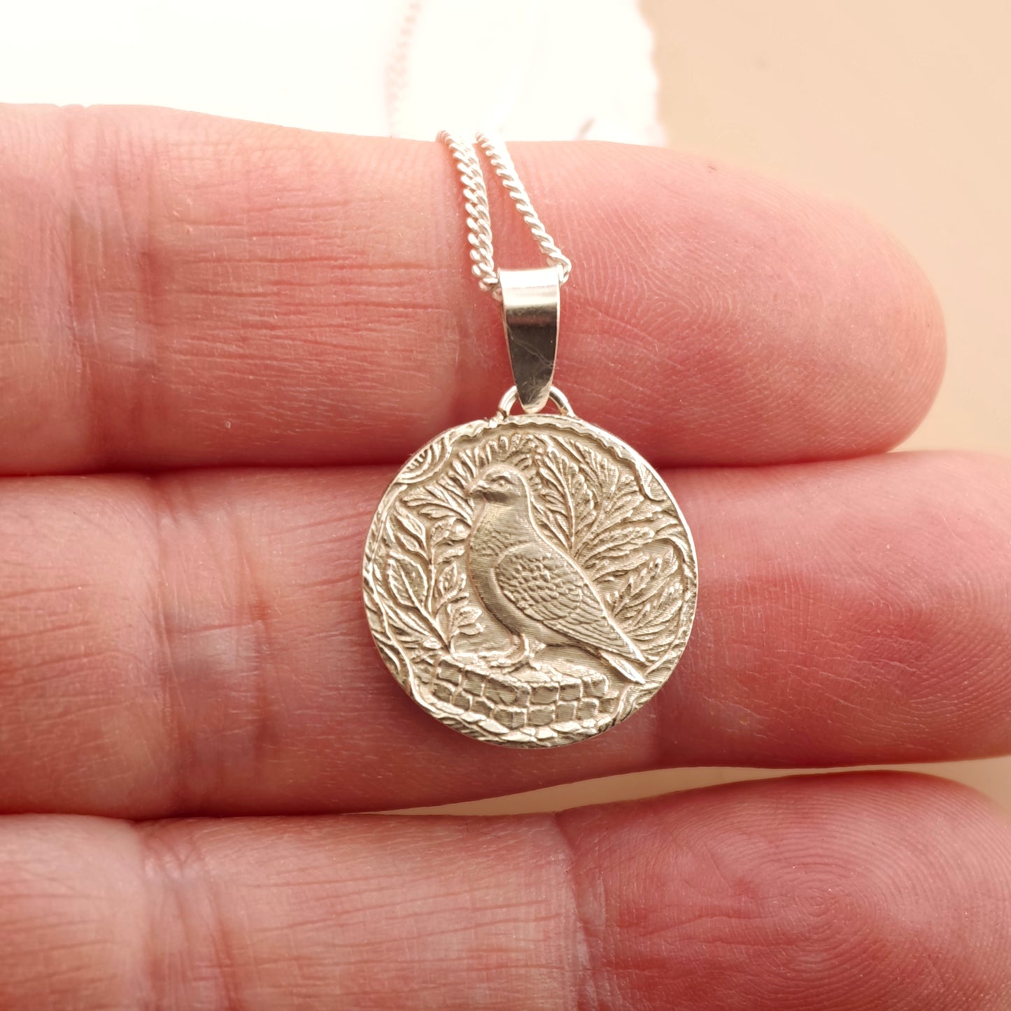 Pigeon Engraved Sterling Silver Coin Necklace