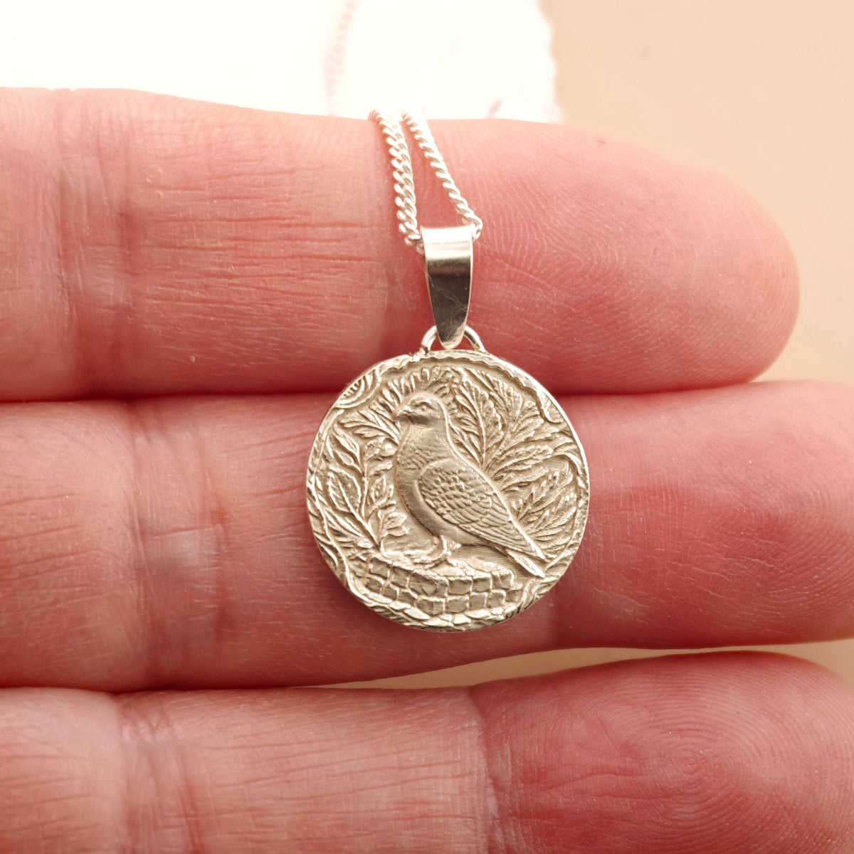 Pigeon Coin Necklace – Deep Engraved Recycled Sterling Silver
