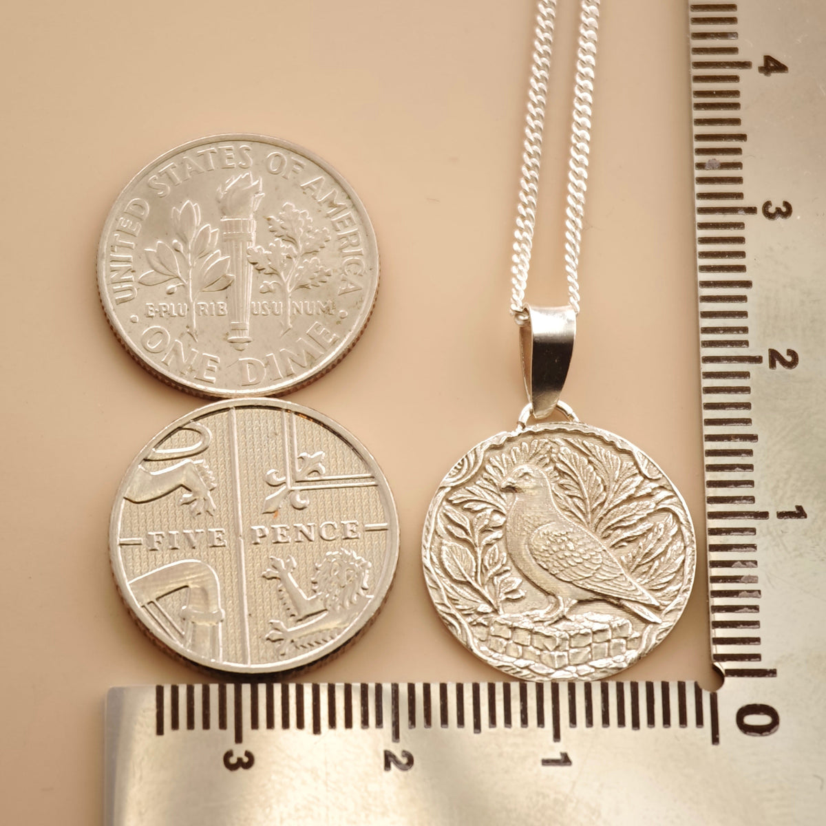 Pigeon Coin Necklace – Deep Engraved Recycled Sterling Silver