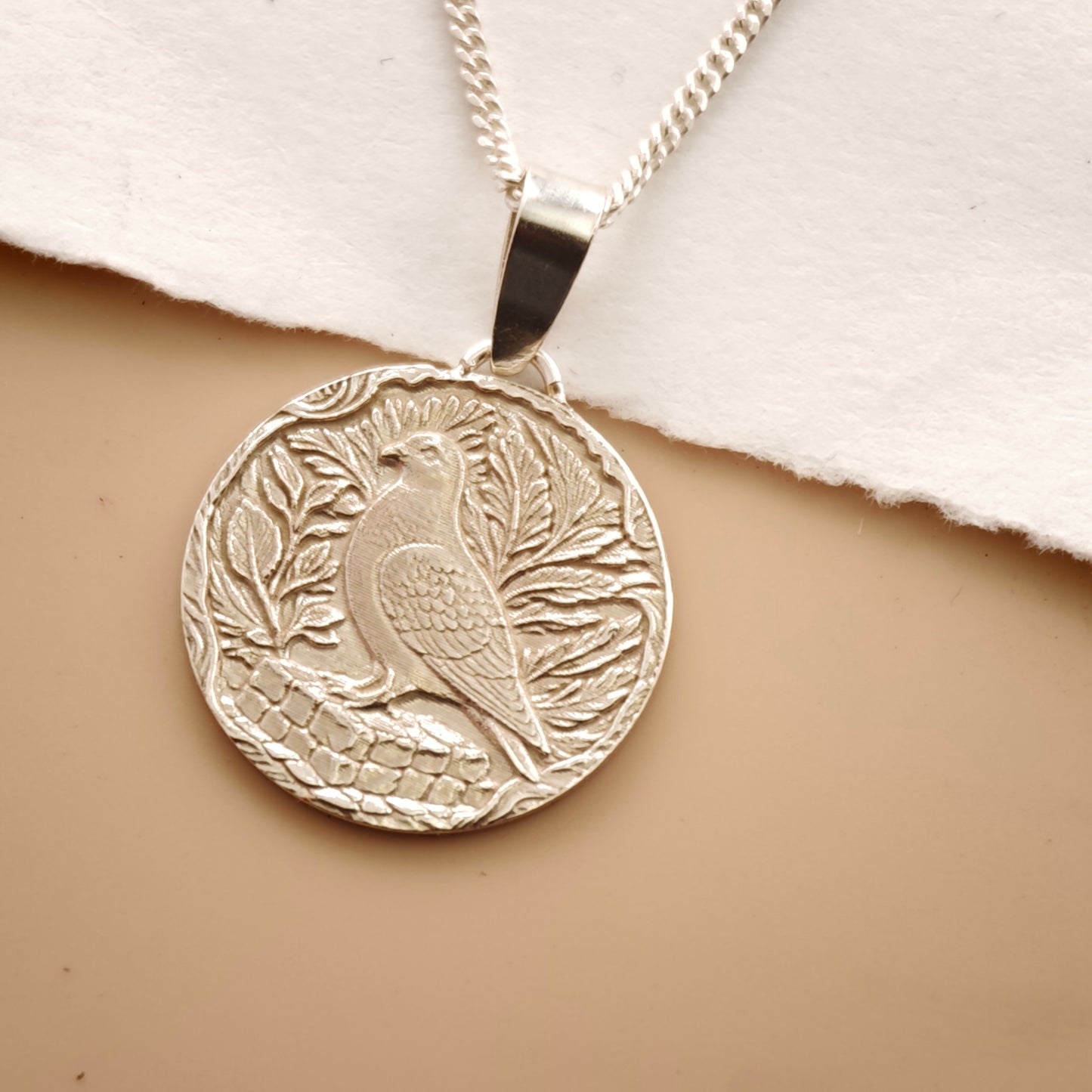Pigeon Engraved Sterling Silver Coin Necklace