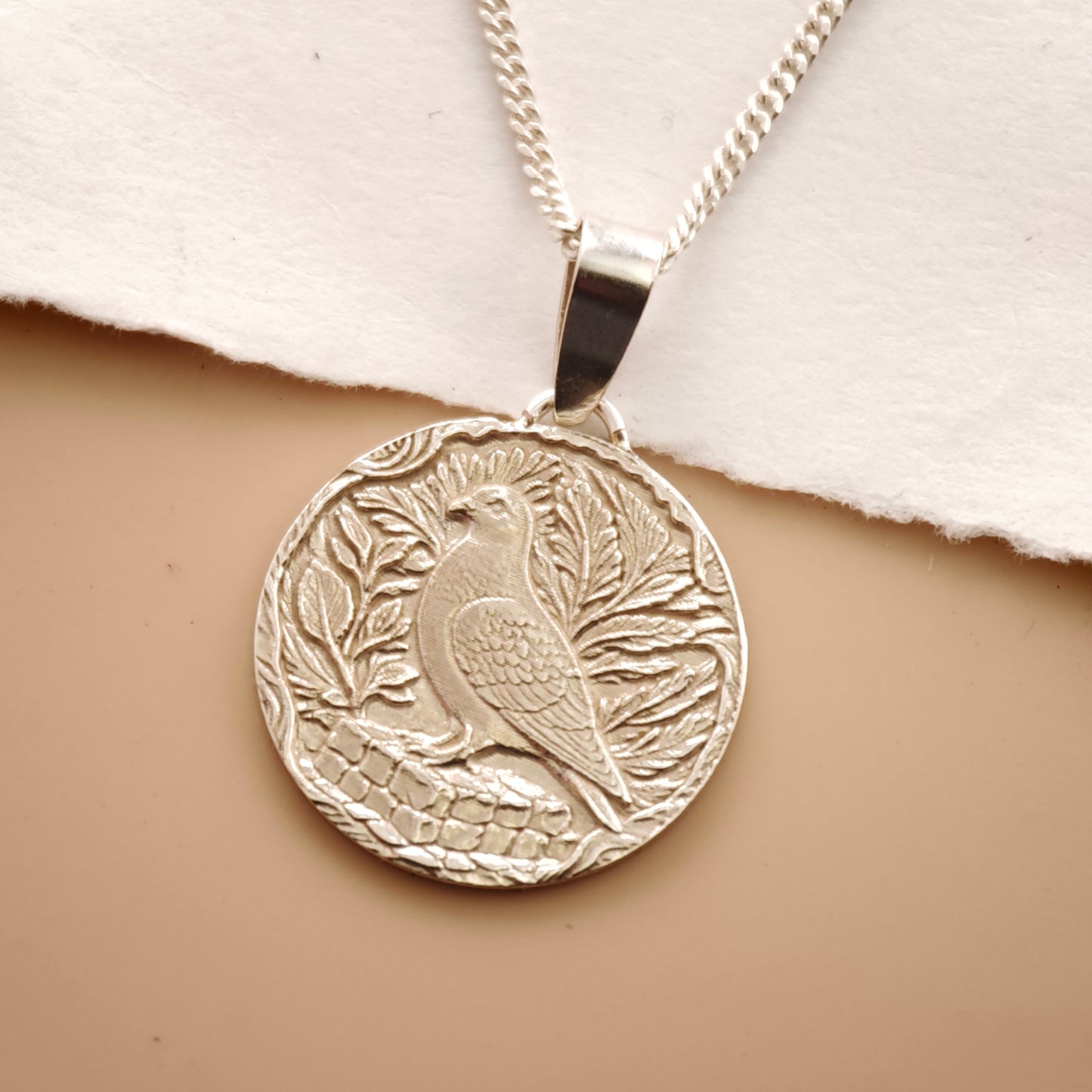 Pigeon Engraved Sterling Silver Coin Necklace