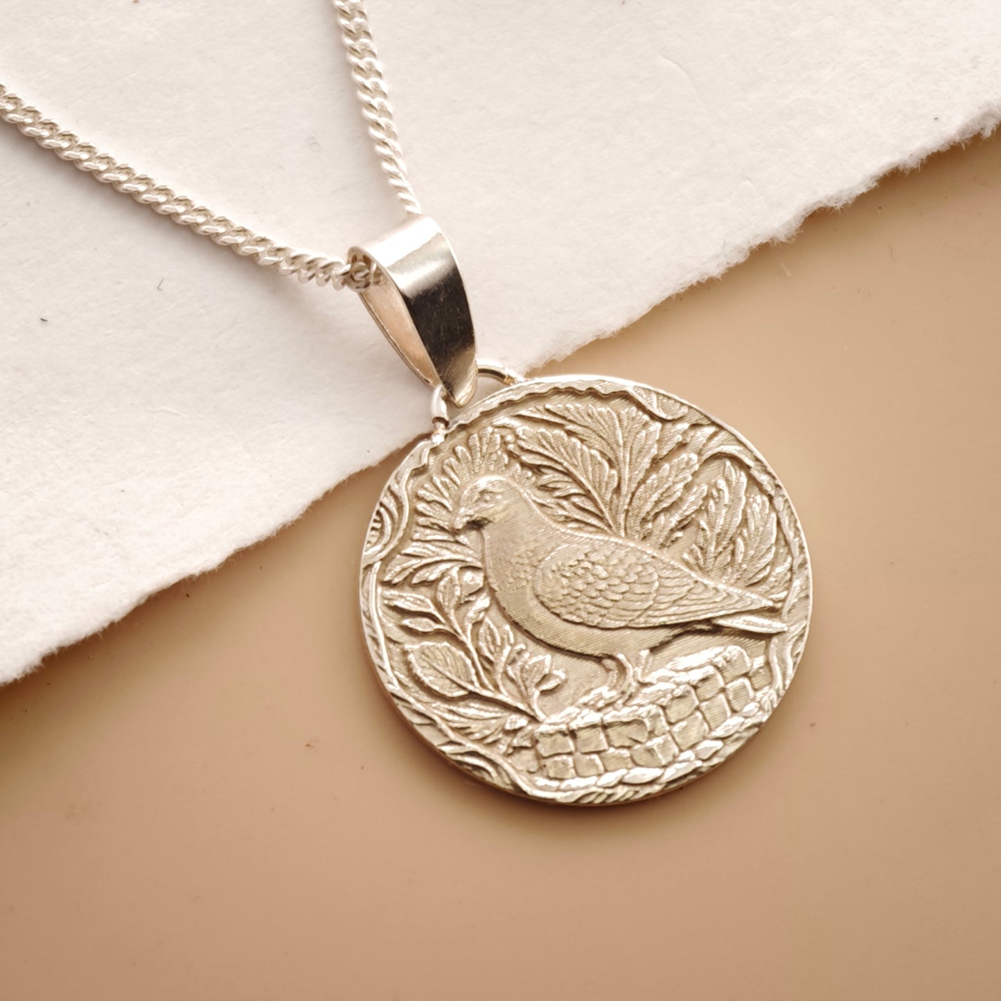 Pigeon Engraved Sterling Silver Coin Necklace