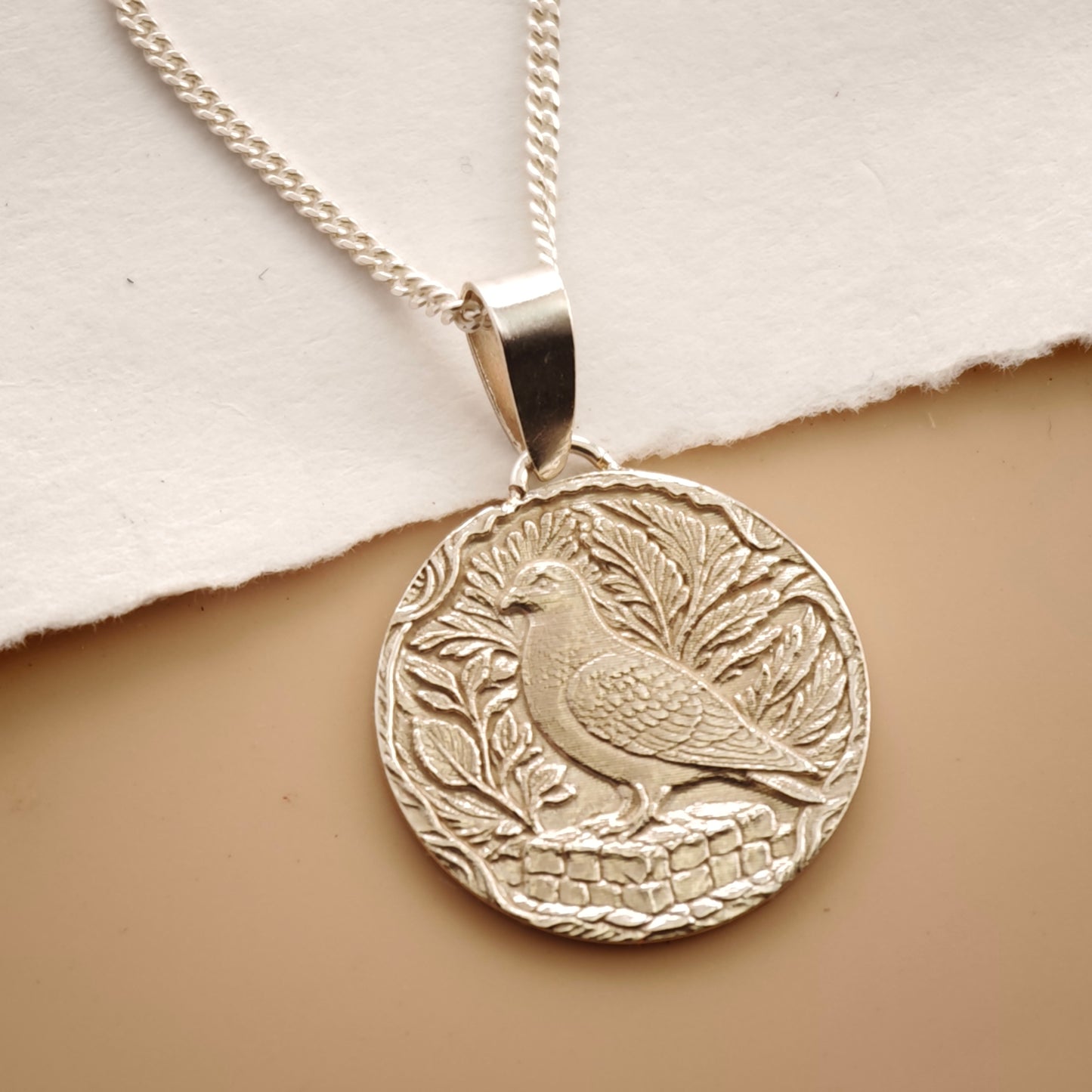 Pigeon Engraved Sterling Silver Coin Necklace