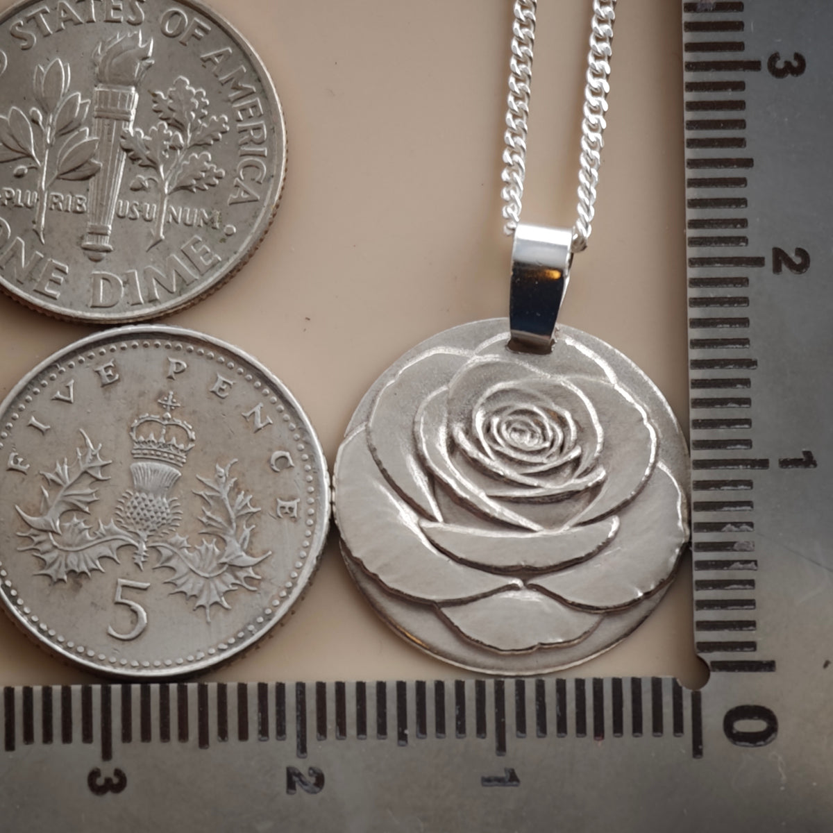 Rose Coin Necklace – Deep Engraved Recycled Sterling Silver