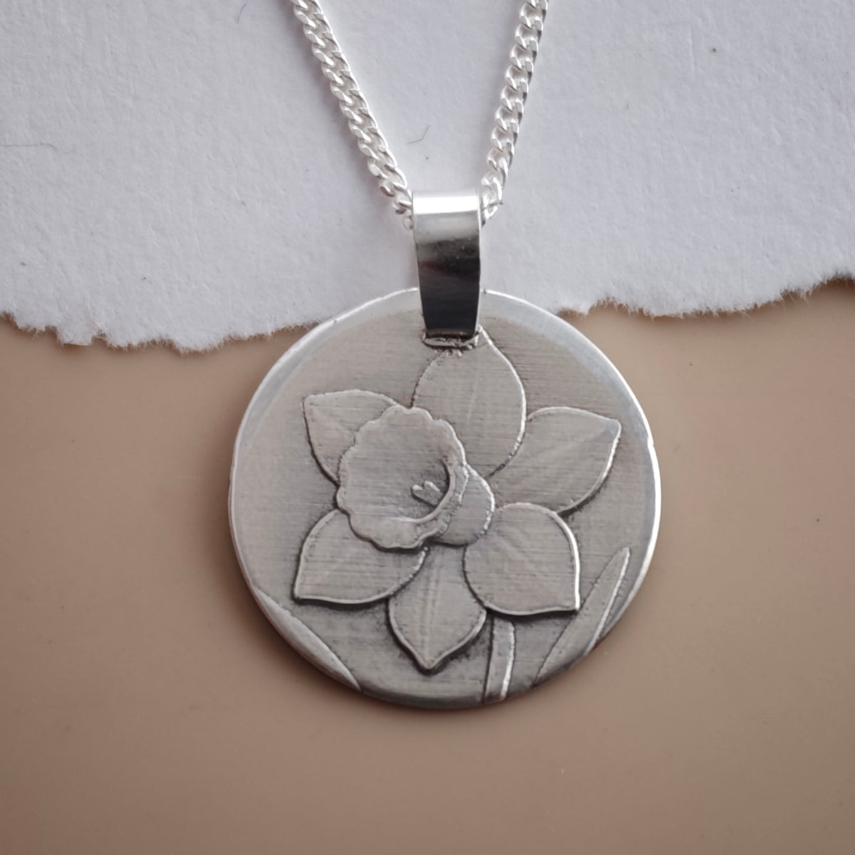 Daffodil Coin Necklace – Deep Engraved Recycled Sterling Silver