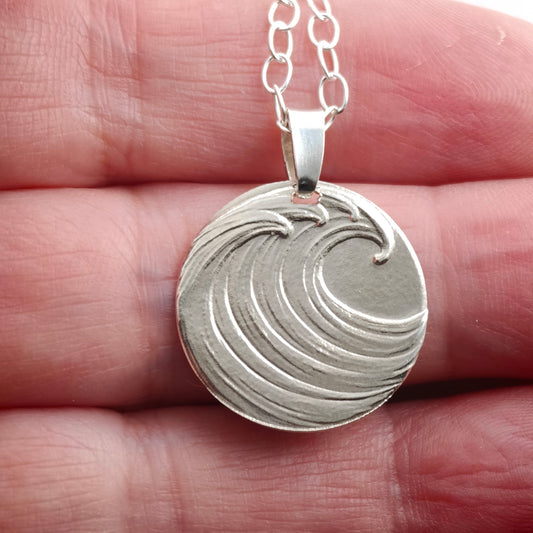Wave Coin Necklace – Deep Engraved Recycled Sterling Silver