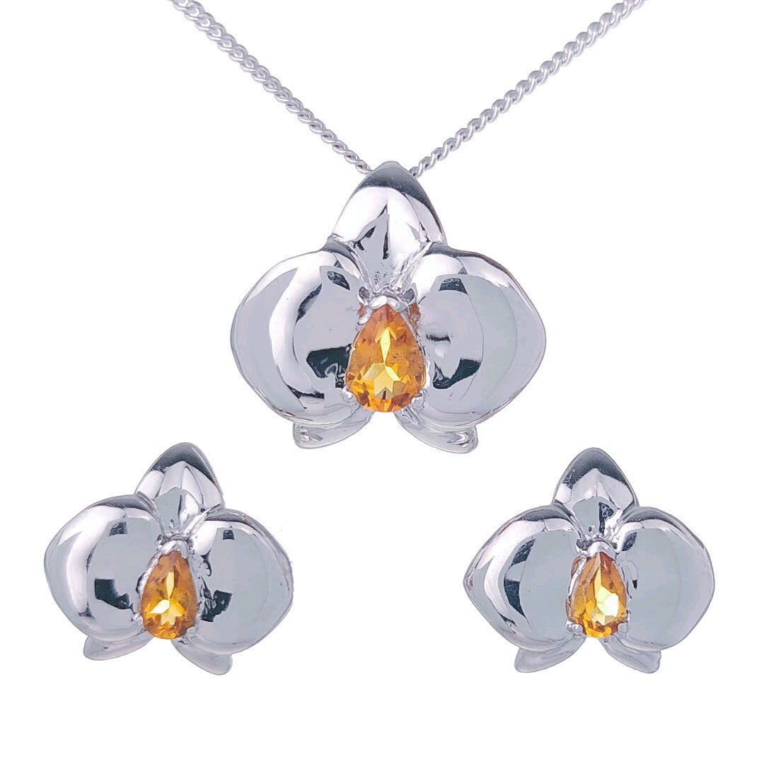 Citrine Necklace Earring Set Silver Orchid Pendant Studs 0.75ct November Birthstone