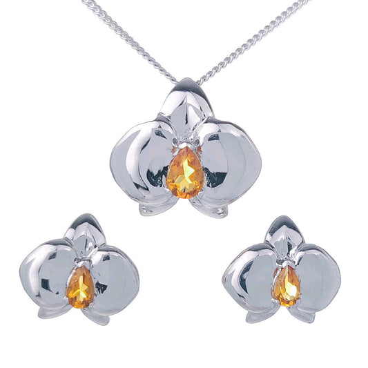 Citrine Necklace Earring Set Silver Orchid Pendant Studs 0.75ct November Birthstone