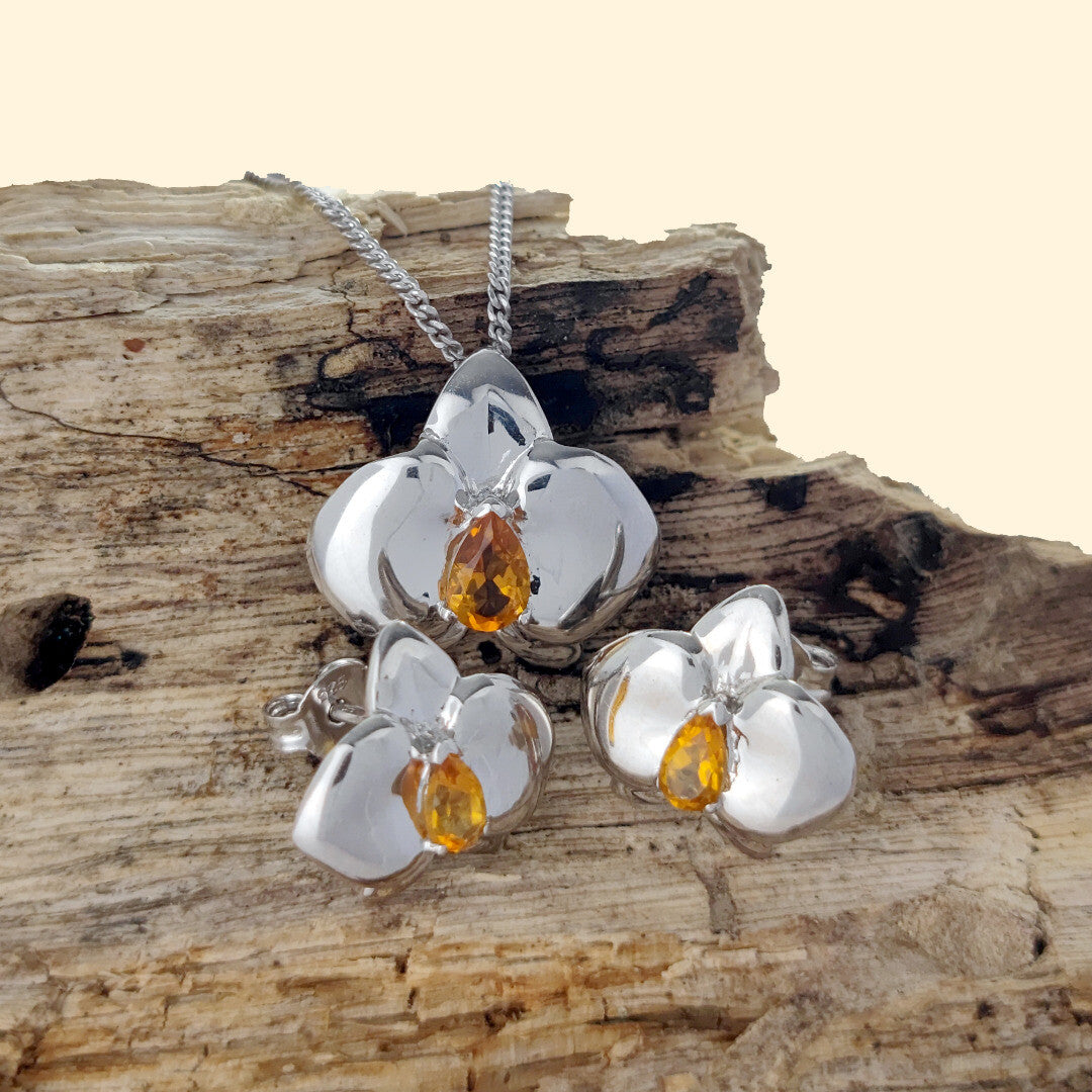 Citrine Necklace Earring Set Silver Orchid Pendant Studs 0.75ct November Birthstone