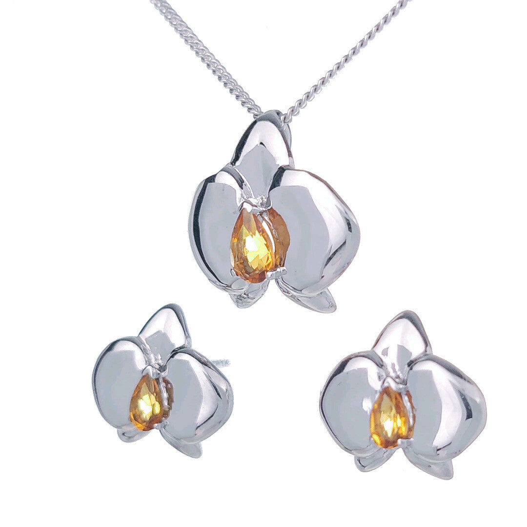 Citrine Necklace Earring Set Silver Orchid Pendant Studs 0.75ct November Birthstone