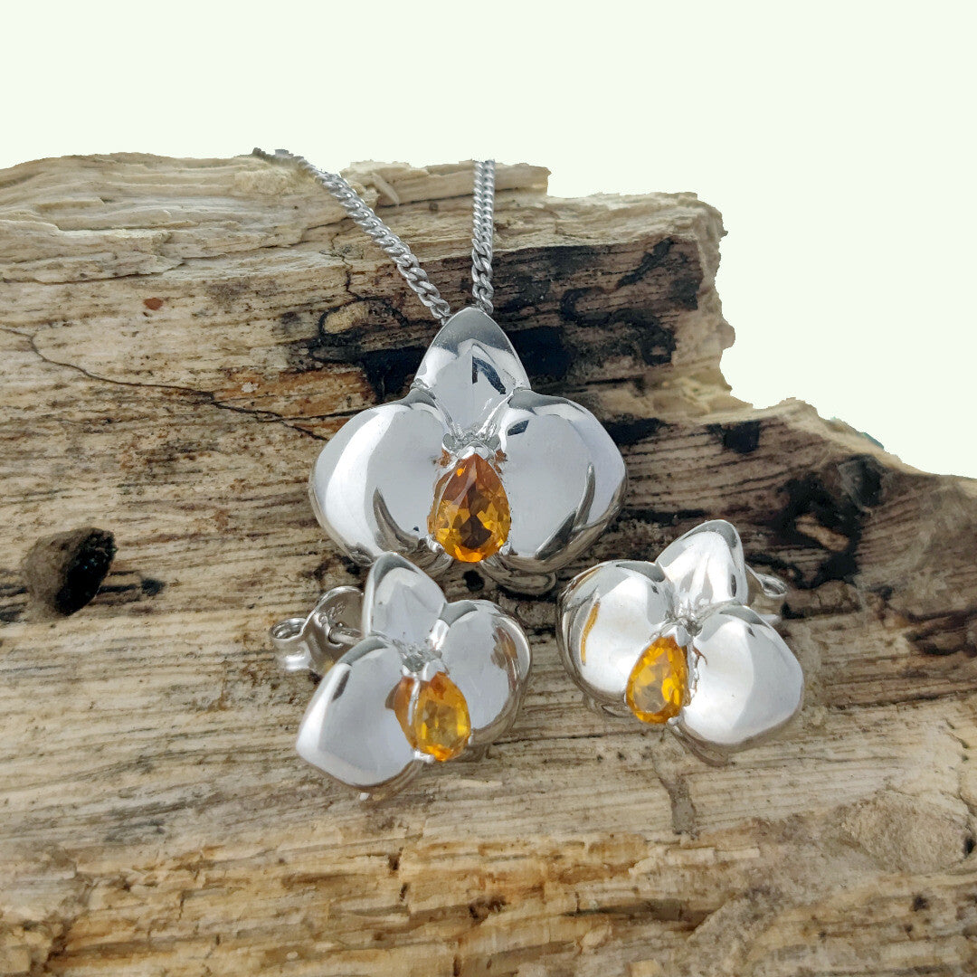 Citrine Necklace Earring Set Silver Orchid Pendant Studs 0.75ct November Birthstone