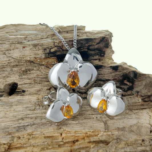 Citrine Necklace Earring Set Silver Orchid Pendant Studs 0.75ct November Birthstone