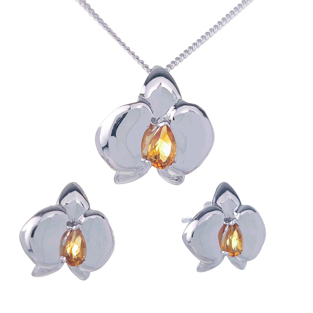 Citrine Necklace Earring Set Silver Orchid Pendant Studs 0.75ct November Birthstone