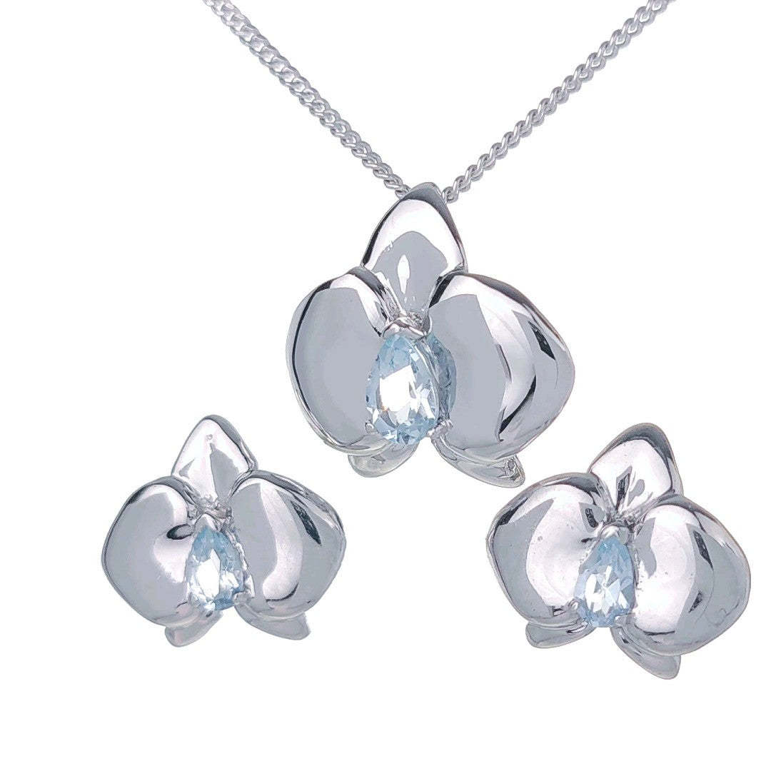 Blue Topaz Orchid Jewellery Set in Sterling Silver