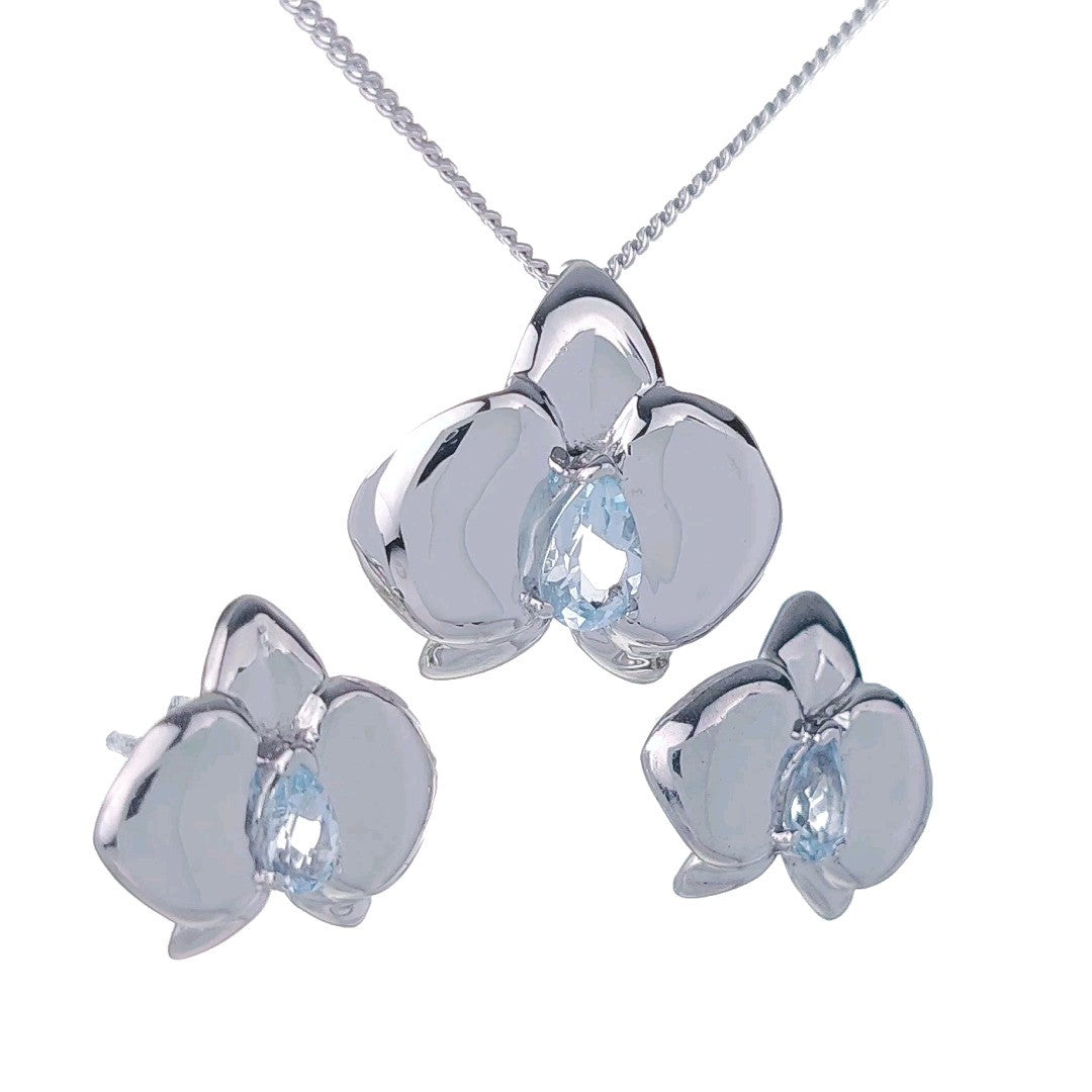 Blue Topaz Orchid Jewellery Set in Sterling Silver