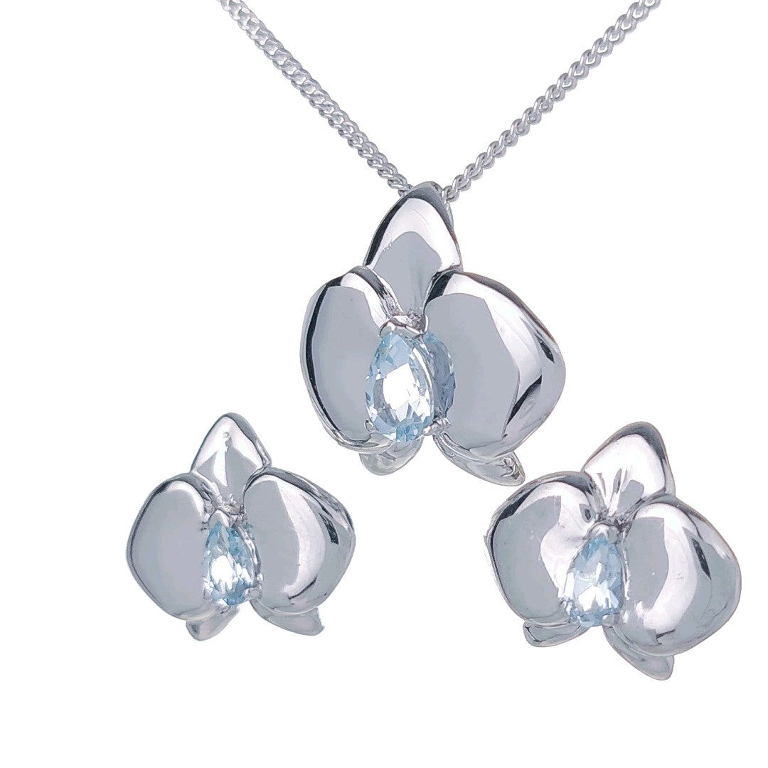 Blue Topaz Orchid Jewellery Set in Sterling Silver