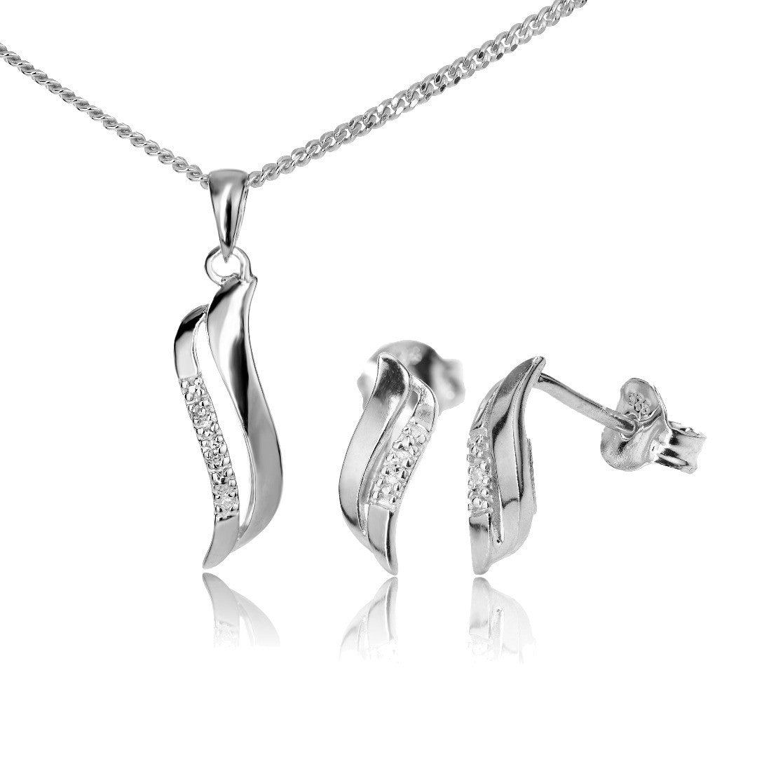 diamond necklace earring set silver wave 18'' april birthstone designed in the UK